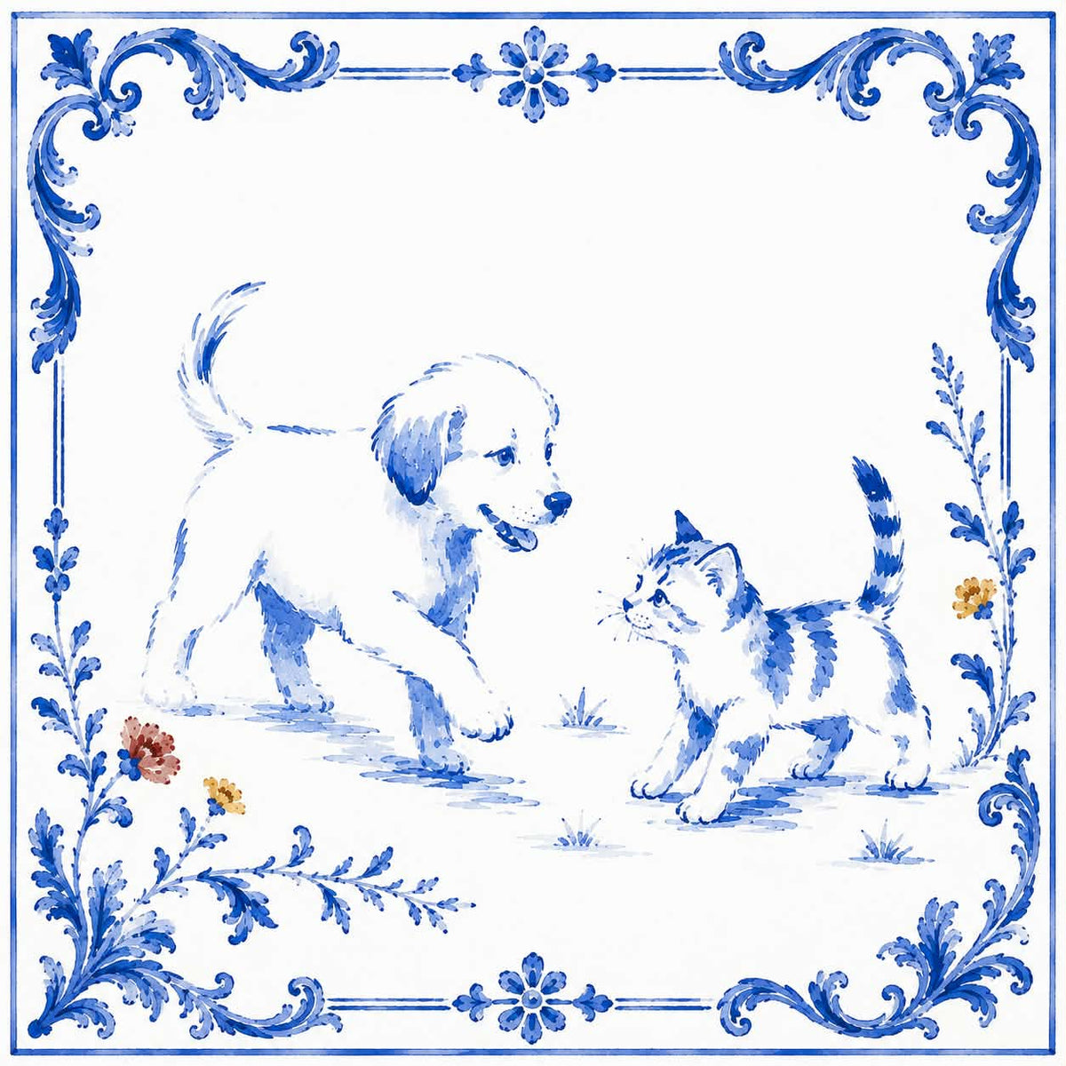 Custom Portuguese tile illustration of a puppy and kitten playing together as best friends