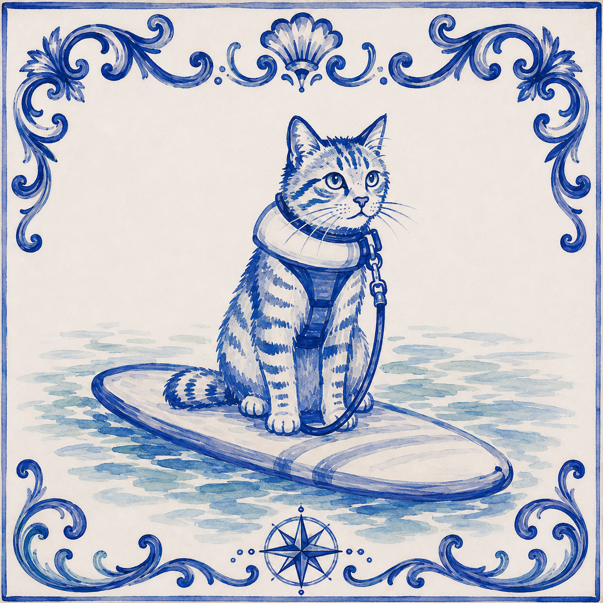 Custom Portuguese tile depicting a tabby cat in a harness on a paddleboard, capturing a favorite pet memory