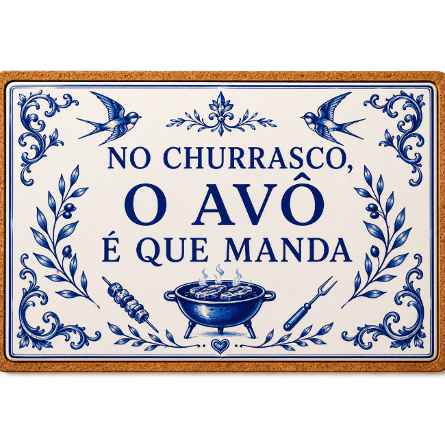 Azulejo trivet on cork reading No churrasco, o avô é que manda, with swallows, a barbecue grill, a skewer and a fork.