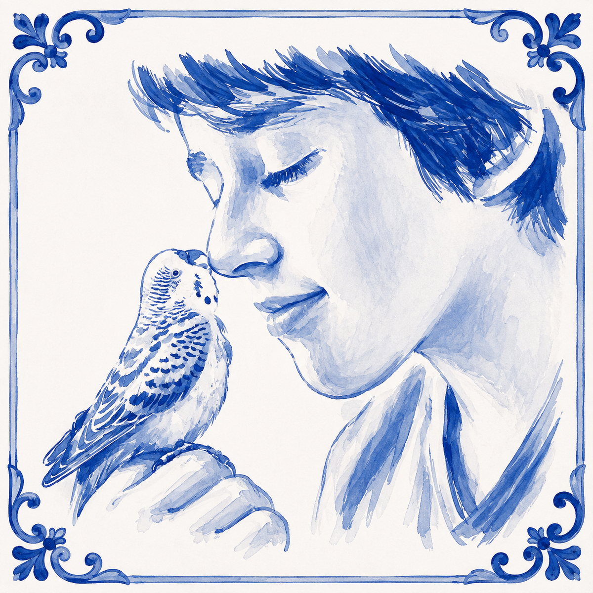Custom Portuguese tile portrait of a person nuzzling noses with their pet parakeet