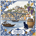 Painted azulejo of Porto: rabelo boats with barrels below the Dom Luís I bridge, grapes and a barrel, and Fado Gato.