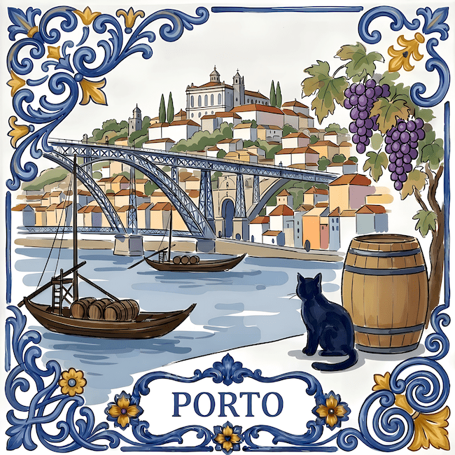 Painted azulejo of Porto: rabelo boats with barrels below the Dom Luís I bridge, grapes and a barrel, and Fado Gato.
