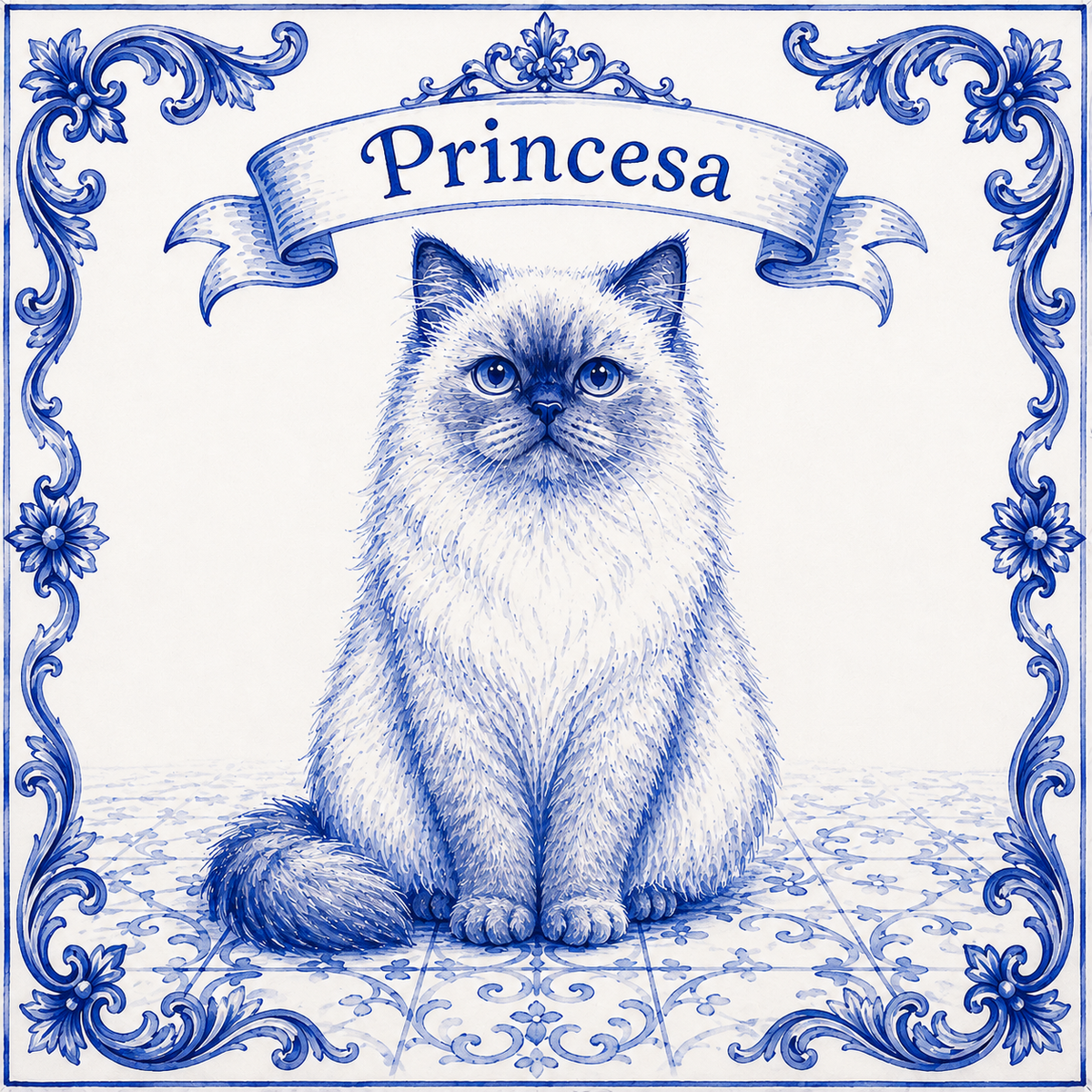 Custom Portuguese pet tile with a cat portrait and hand-lettered name banner reading Princesa