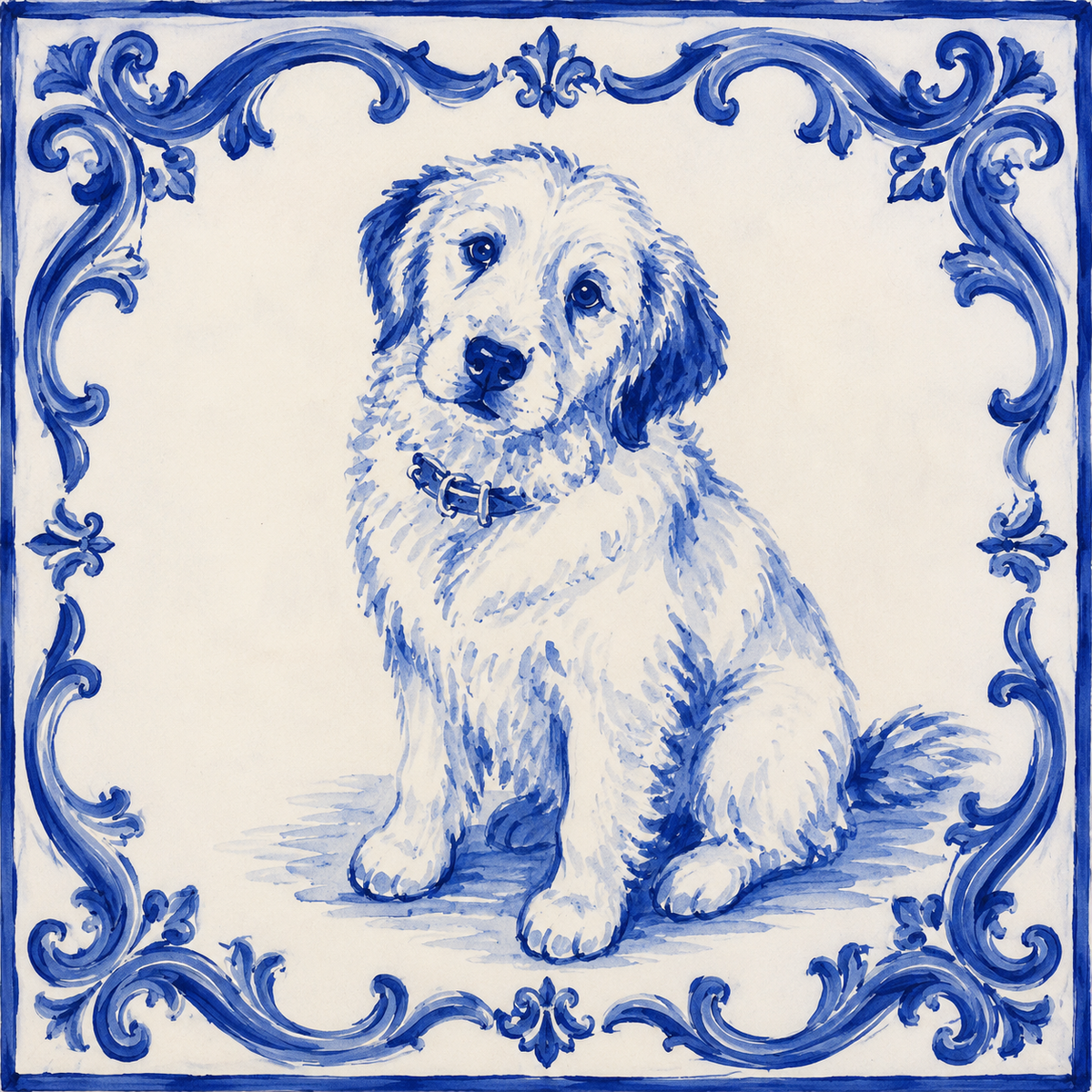 Custom Portuguese tile with a hand-painted portrait of a fluffy golden retriever puppy wearing a collar