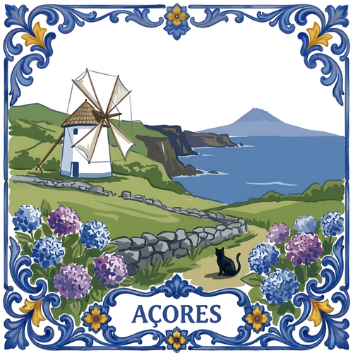 Azulejo tile showing an Açores windmill, hydrangeas and Pico across the water, a black cat on the path.