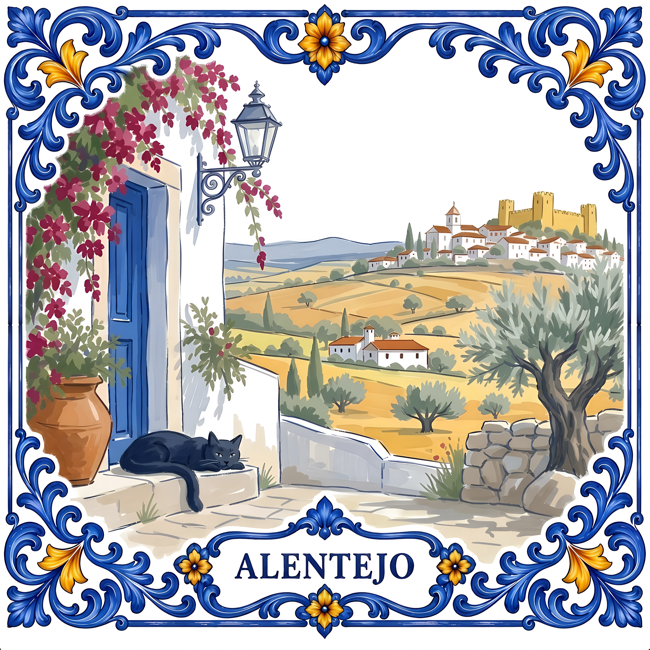 Azulejo tile showing a whitewashed Alentejo house with a blue door and golden plains, a black cat asleep on the doorstep.
