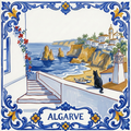 Azulejo tile showing Algarve cliffs and sea stacks above a whitewashed town, a black cat on a sunlit wall.