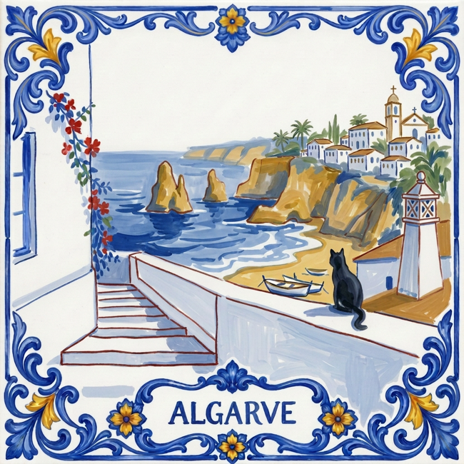 Azulejo tile showing Algarve cliffs and sea stacks above a whitewashed town, a black cat on a sunlit wall.