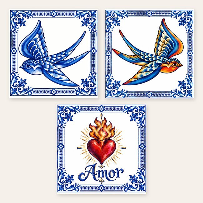 Trois azulejos à bordure bleue, une hirondelle bleue, une autre orange et bleue, et un cœur enflammé au-dessus du mot Amor