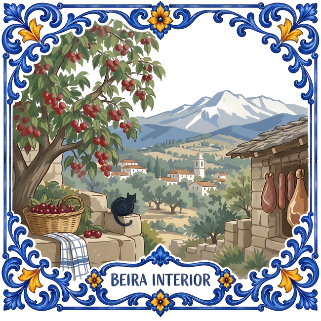 Azulejo tile showing a cherry tree and basket below the snowy Serra da Estrela, a black cat on the wall.