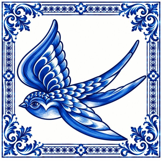 Azulejo d'une hirondelle bleu de cobalt en vol, dans une bordure de volutes bleues et blanches
