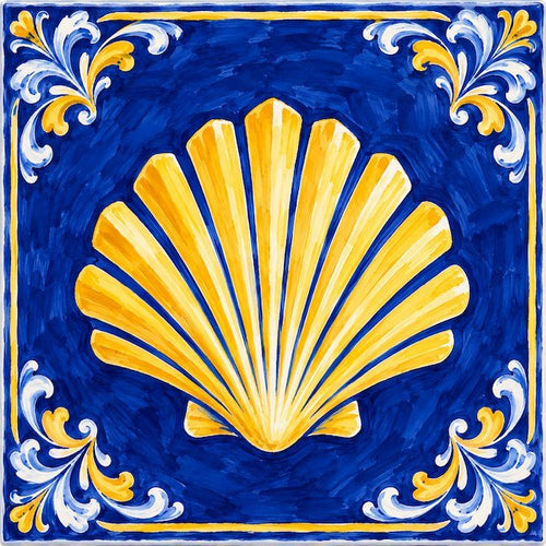 Blau-goldener Azulejo mit einer goldenen Jakobsmuschel auf kobaltblauem Grund und weiß-goldenen barocken Voluten in jeder Ecke