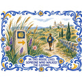 Placa de azulejo con la frase «In this house lives someone who walked the Camino» y un peregrino junto a un mojón con concha