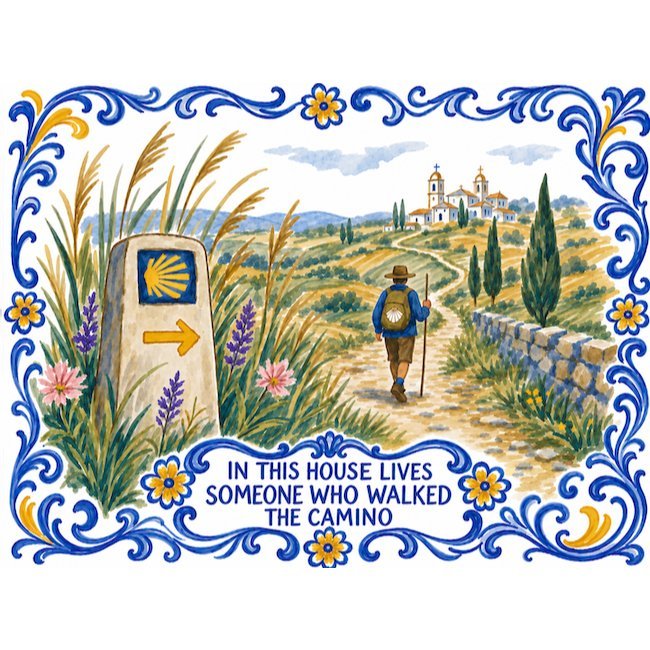 Placa de azulejo con la frase «In this house lives someone who walked the Camino» y un peregrino junto a un mojón con concha