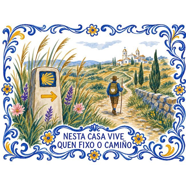 Azulejo-Schild mit der Inschrift „Nesta casa vive quen fixo o Camiño“ und einem Pilger auf einem Feldweg an einem Wegstein