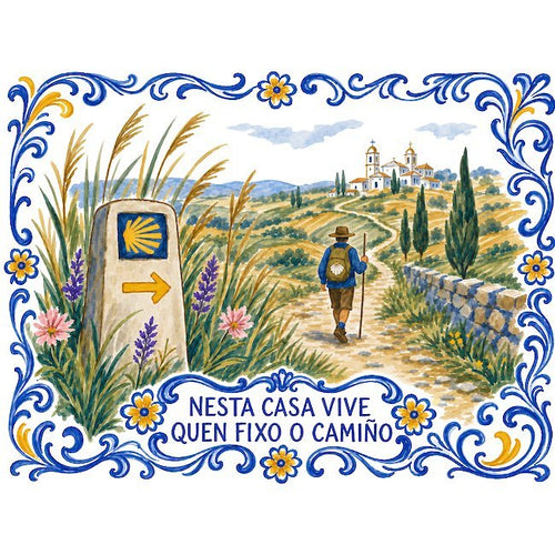 Azulejo-Schild mit der Inschrift „Nesta casa vive quen fixo o Camiño“ und einem Pilger auf einem Feldweg an einem Wegstein