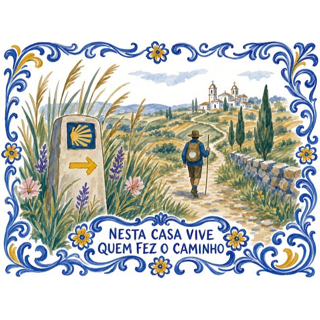 Azulejo-Schild mit der Inschrift „Nesta casa vive quem fez o Caminho“ und einem Pilger auf einem Feldweg an einem Wegstein