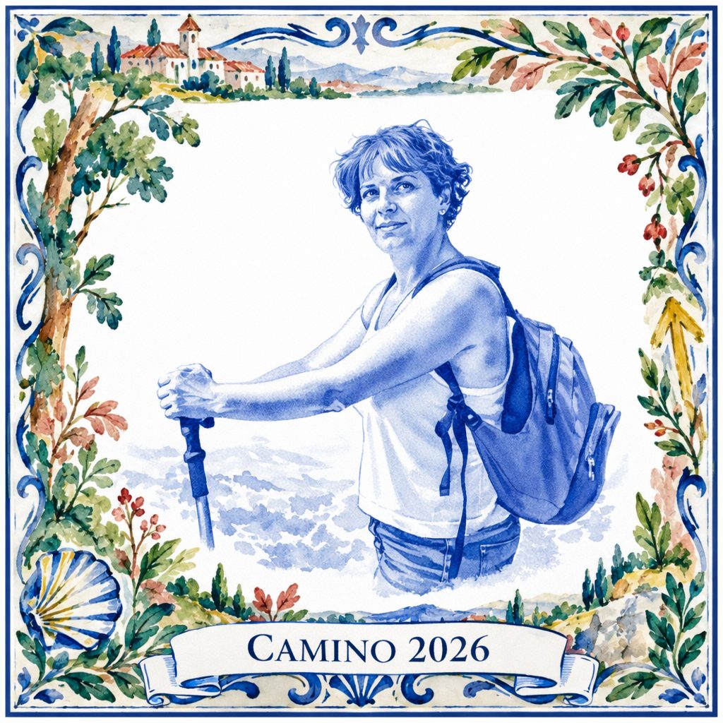 Blau-weißer Azulejo einer Wanderin mit Wanderstock, in einer farbigen Bordüre mit Jakobsweg-Landschaft und dem Banner Camino 2026