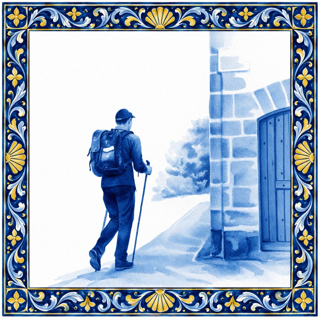 Blau-weißer Azulejo eines Pilgers mit Wanderstöcken an einem Steinbogen mit Holztür, in einer kobaltblauen und goldenen Bordüre