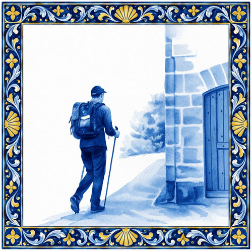 Blau-weißer Azulejo eines Pilgers mit Wanderstöcken an einem Steinbogen mit Holztür, in einer kobaltblauen und goldenen Bordüre