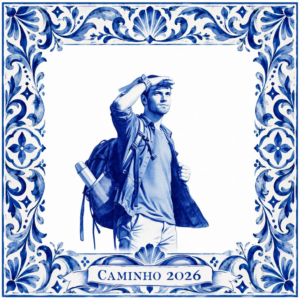 Azulejo azul y blanco de un senderista con mochila que se hace visera con la mano, dentro de una cenefa de volutas azules y la cinta Caminho 2026