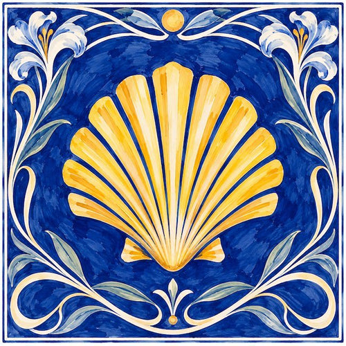 Azulejo mit einer goldenen Jakobsmuschel auf Kobaltblau, umrahmt von cremefarbenen Bändern, blaugrünen Blättern und weißen Blüten
