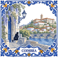 Azulejo tile showing the University of Coimbra above the Mondego with a stone bridge, a black cat in a student's cape.