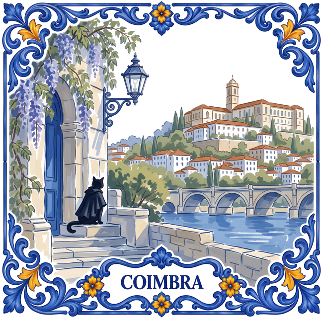 Azulejo tile showing the University of Coimbra above the Mondego with a stone bridge, a black cat in a student's cape.
