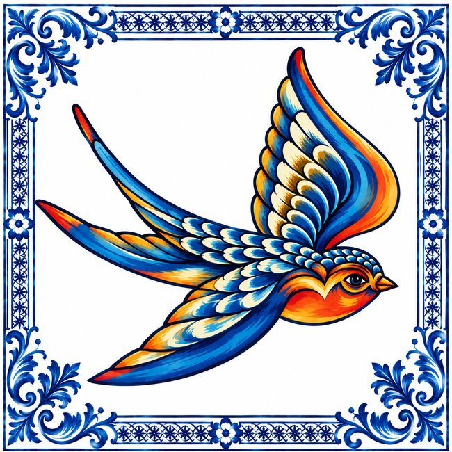 Azulejo d'une hirondelle en orange, or et bleu, en vol dans une bordure de volutes bleues et blanches