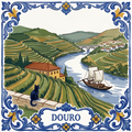 Azulejo tile showing terraced Douro vineyards above the river with a rabelo boat, a black cat on a stone wall.