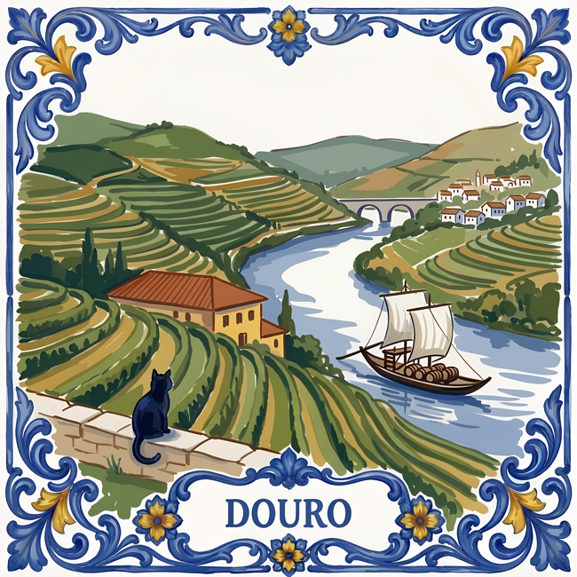 Azulejo tile showing terraced Douro vineyards above the river with a rabelo boat, a black cat on a stone wall.