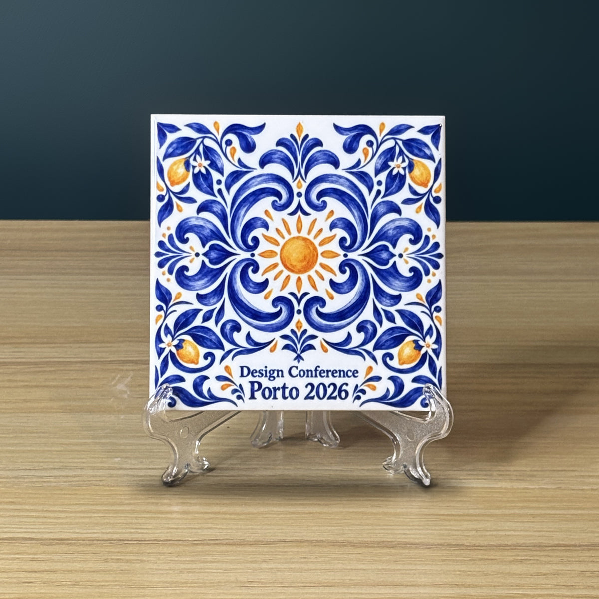 Azulejo bleu et blanc avec un soleil orange en son centre et l'inscription Design Conference Porto 2026, posé sur un support transparent.