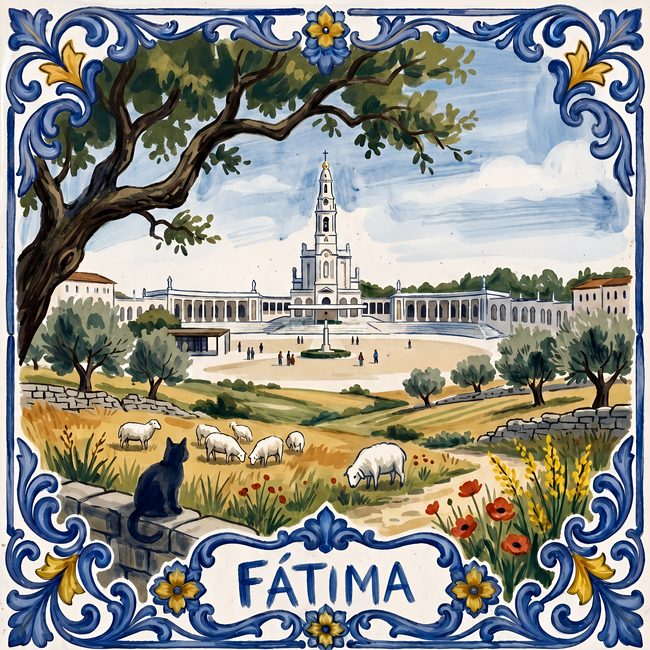 Azulejo de la basilique de Fátima derrière oliviers, moutons et coquelicots, chat noir sur un muret, FÁTIMA en bordure bleue