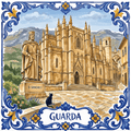 Painted azulejo of Guarda: the Gothic cathedral, the statue of D. Sancho I, and Fado Gato looking up from the square.