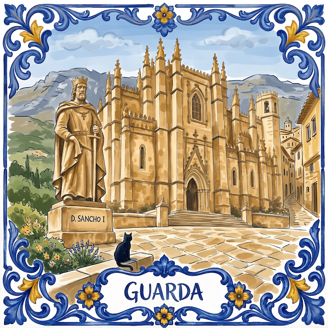 Painted azulejo of Guarda: the Gothic cathedral, the statue of D. Sancho I, and Fado Gato looking up from the square.