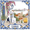 Azulejo tile showing an Alfama street with a yellow tram, bougainvillea and the bridge over the Tagus, a black cat watching.