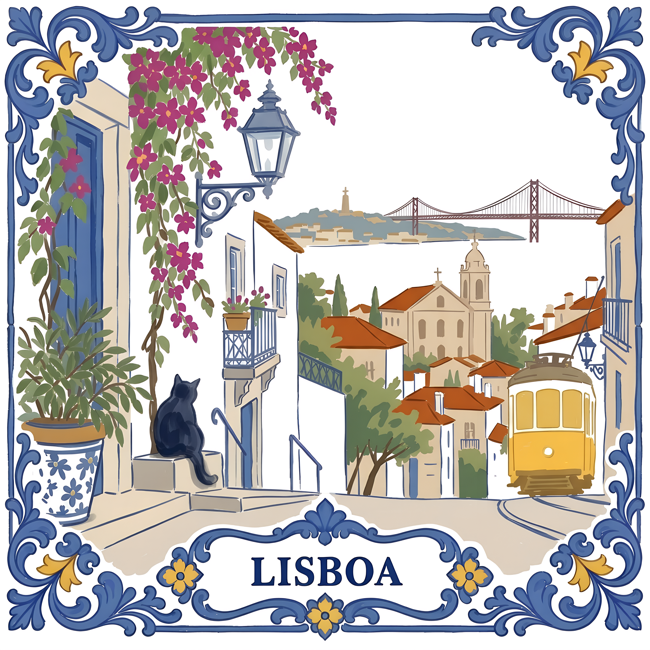 Azulejo tile showing an Alfama street with a yellow tram, bougainvillea and the bridge over the Tagus, a black cat watching.