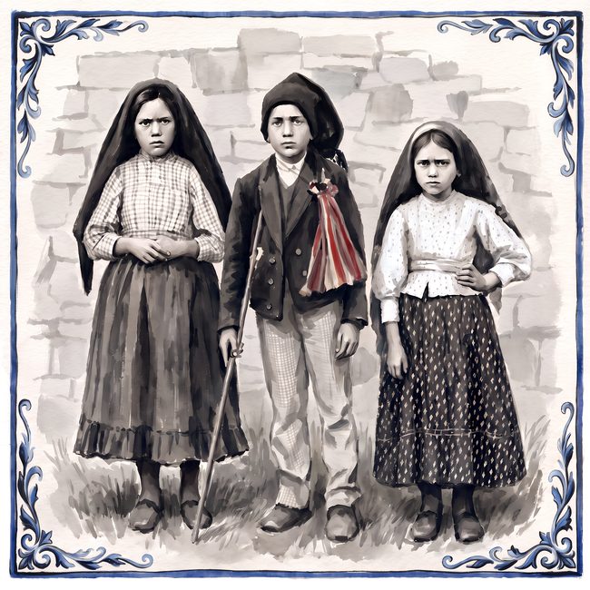 Portrait en azulejo de Lúcia, Francisco et Jacinta devant un mur de pierre, tons fusain, volutes bleu de cobalt aux coins