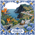 Azulejo tile showing Madeira's cliffs, bird of paradise flowers and the wicker toboggan, a black cat on a stone wall.