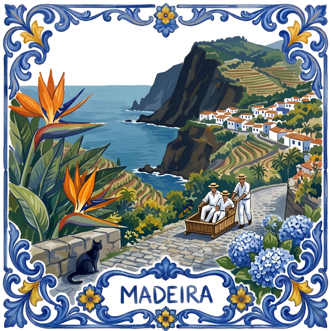 Azulejo tile showing Madeira's cliffs, bird of paradise flowers and the wicker toboggan, a black cat on a stone wall.