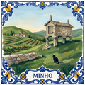Azulejo tile showing a Minho espigueiro on stone legs above green fields and vines, a black cat in the grass.