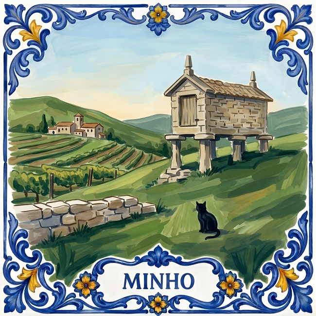 Azulejo tile showing a Minho espigueiro on stone legs above green fields and vines, a black cat in the grass.