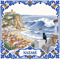 Azulejo tile showing the Nazaré headland, fort and big wave above the old town, a black cat beside fishing nets.