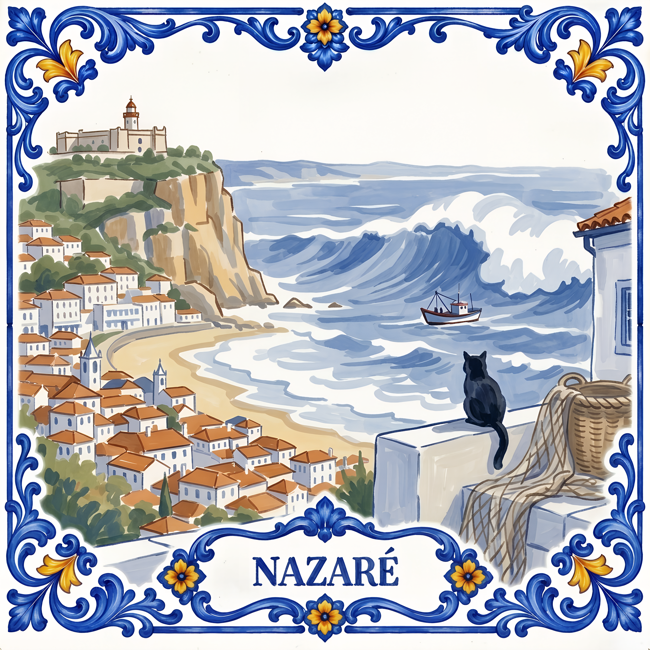 Azulejo tile showing the Nazaré headland, fort and big wave above the old town, a black cat beside fishing nets.
