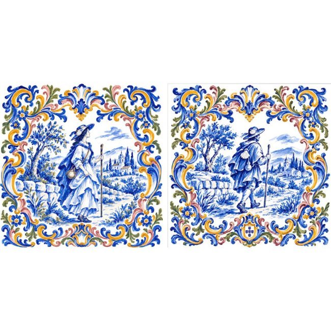 Die Azulejos A Peregrina und O Peregrino nebeneinander, zwei Jakobspilger in passenden barocken Rahmen