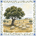 Azulejo im Aquarellstil, drei Hirtenkinder mit Schafen unter einem großen Baum in goldenen Feldern, Bordüre aus Olivenzweigen