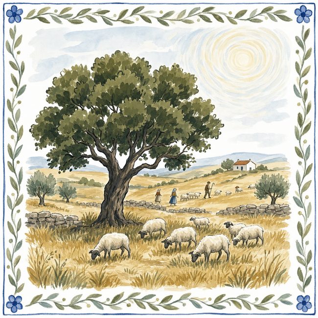 Azulejo façon aquarelle, trois petits bergers et des moutons sous un grand arbre, champs dorés, bordure de rameaux d'olivier