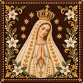 Azulejo, gekrönte Muttergottes von Fatima mit Rosenkranz im Gebet, Blüten in Elfenbein und Goldstickerei auf braunem Grund