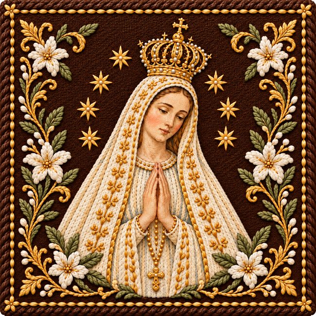 Azulejo de Notre-Dame de Fátima couronnée, priant avec un chapelet, parmi des fleurs ivoire et des fils d'or sur fond brun