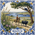 Painted azulejo of Ribatejo: a campino on horseback driving a black bull by the Tejo, and Fado Gato asleep in a tree.